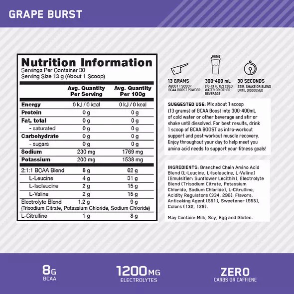 Optimum Nutrition BCAA Boost Grape 30 Serves | DR5218093