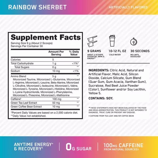 Optimum Nutrition ESSENTIAL AMIN.O. ENERGY® *new* Rainbow Sherbet - Notify Me 0.6 lb - Notify me | UR8024716