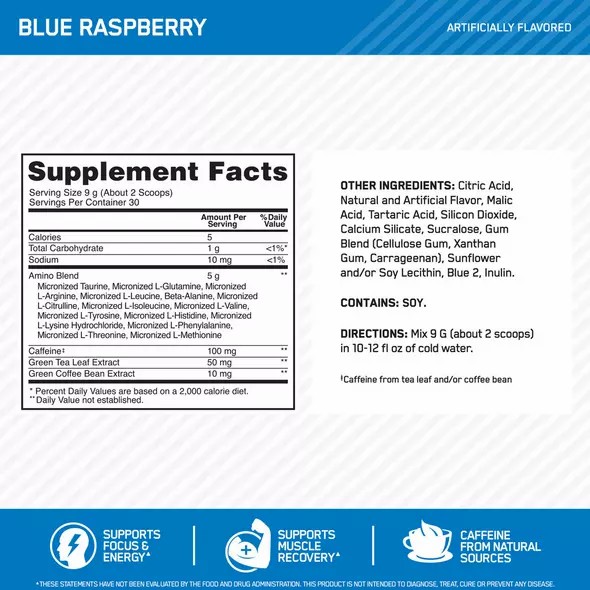 Optimum Nutrition ESSENTIAL AMIN.O. ENERGY® Blue Raspberry 0.6 lb (30 Servings) | KS8502431