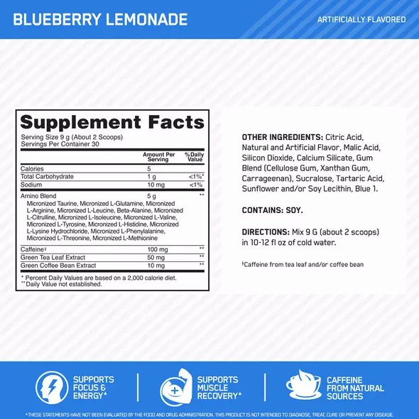 Optimum Nutrition ESSENTIAL AMIN.O. ENERGY® Blueberry Lemonade 0.6 lb (30 Servings) | FG8716430