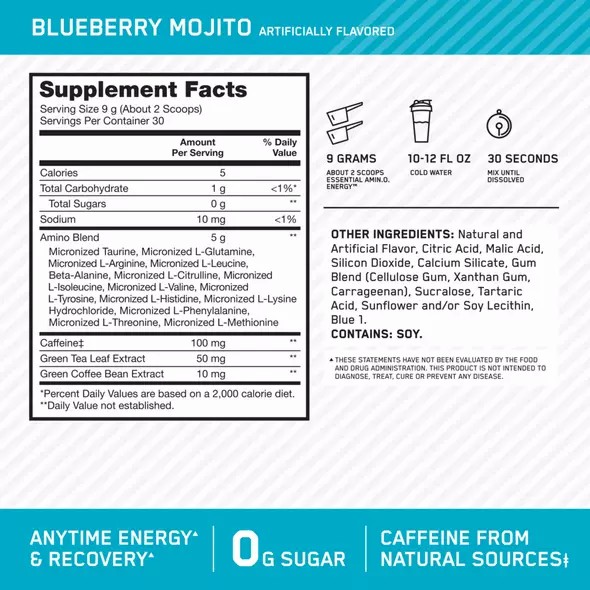 Optimum Nutrition ESSENTIAL AMIN.O. ENERGY® Blueberry Mojito 0.6 lb (30 Servings) | PJ2831670