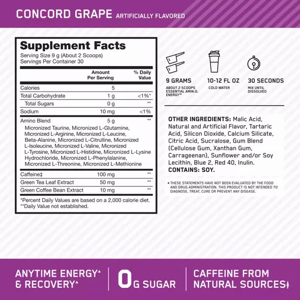 Optimum Nutrition ESSENTIAL AMIN.O. ENERGY® Concord Grape 0.6 lb (30 Servings) | NL9736458