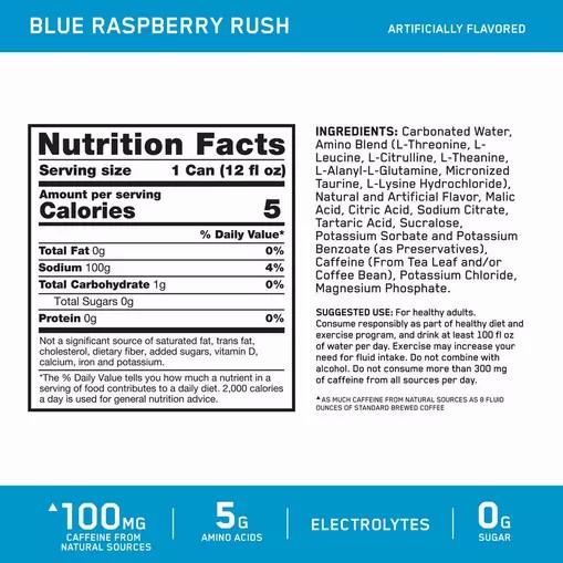 Optimum Nutrition ESSENTIAL AMIN.O. ENERGY+ Electrolytes Sparkling *new* Blue Raspberry Rush 355ml * 12 Cans (12 Servings) | LO5903186