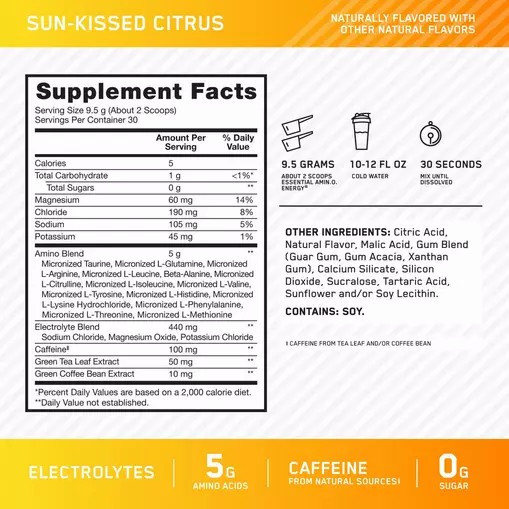 Optimum Nutrition Essential AMIN.O. ENERGY + Electrolytes *new* Sun-kissed Citrus 0.63 lb (30 Servings) | KJ5673120