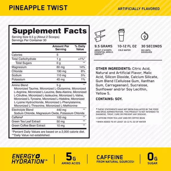 Optimum Nutrition Essential AMIN.O. ENERGY + Electrolytes Pineapple Twist 0.63 lb (30 Servings) | DU6801792