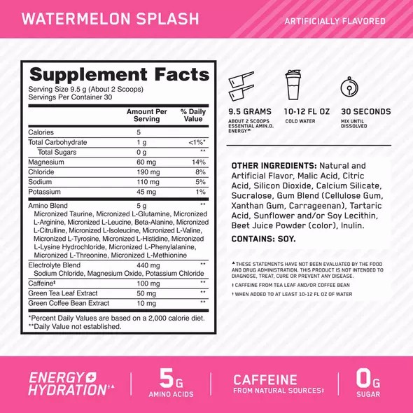 Optimum Nutrition Essential AMIN.O. ENERGY + Electrolytes Watermelon Splash 0.63 lb (30 Servings) | SU5314726