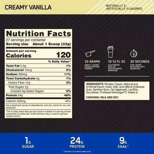 Optimum Nutrition GOLD STANDARD® 100% Casein Creamy Vanilla 2 lb (25 Servings) | NX1293068