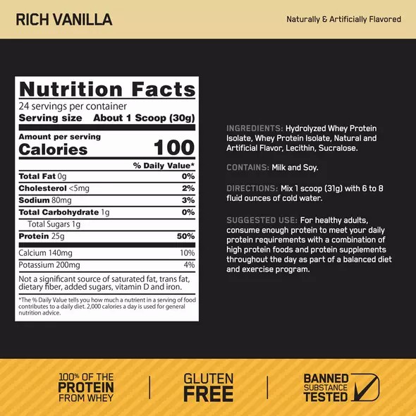 Optimum Nutrition GOLD STANDARD® 100% Isolate Rich Vanilla 2.91 lb (44 Servings) | ZU8219603