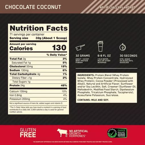 Optimum Nutrition GOLD STANDARD 100% WHEY™ Chocolate Coconut 5 lb (71 Servings) | LT2697051