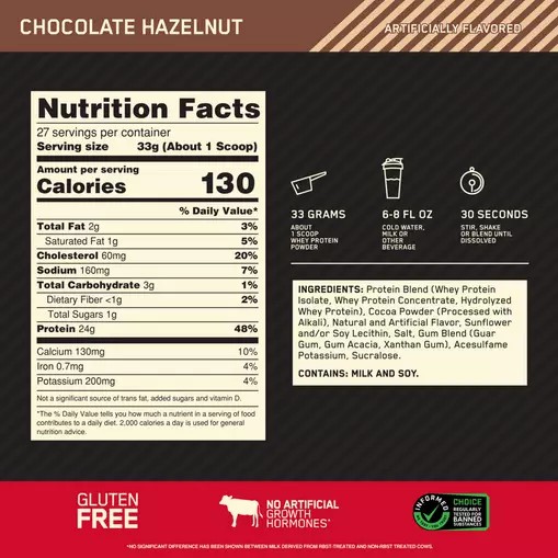 Optimum Nutrition GOLD STANDARD 100% WHEY™ Chocolate Hazelnut 2 lb (27 Servings) | AO1032596