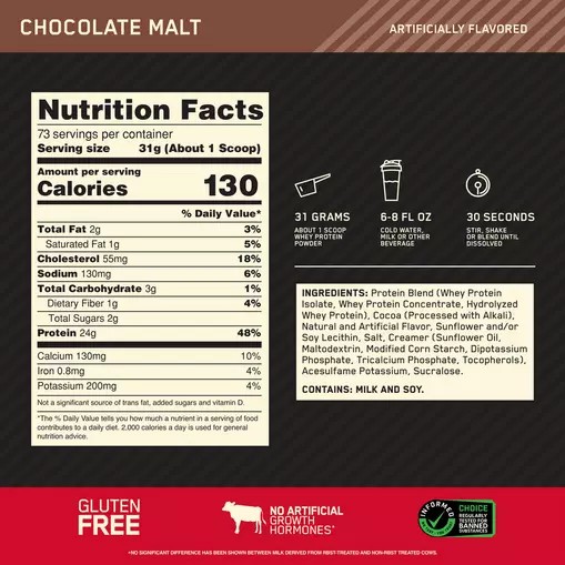 Optimum Nutrition GOLD STANDARD 100% WHEY™ Chocolate Malt 5 lb (73 Servings) | JT8470519