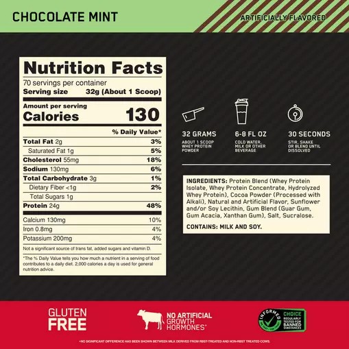 Optimum Nutrition GOLD STANDARD 100% WHEY™ Chocolate Mint 5 lb (70 Servings) | CA2084957