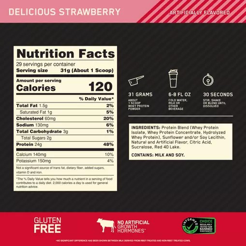 Optimum Nutrition GOLD STANDARD 100% WHEY™ Delicious Strawberry 2 lb (29 Servings) | HE2948150