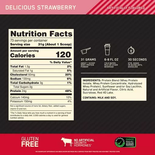 Optimum Nutrition GOLD STANDARD 100% WHEY™ Delicious Strawberry 5 lb (73 Servings) | TZ2648513