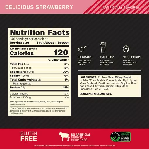 Optimum Nutrition GOLD STANDARD 100% WHEY™ Delicious Strawberry 10 lb (146 Servings) | DU0265748