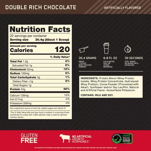 Optimum Nutrition GOLD STANDARD 100% WHEY™ Double Rich Chocolate 1.5 lb (22 Servings) | MY8965037