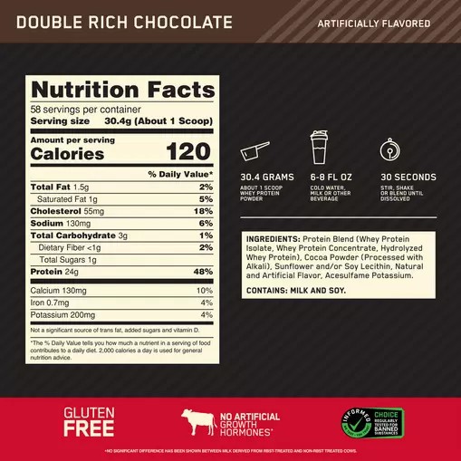 Optimum Nutrition GOLD STANDARD 100% WHEY™ Double Rich Chocolate 4 lb (58 Servings) | BT1834529