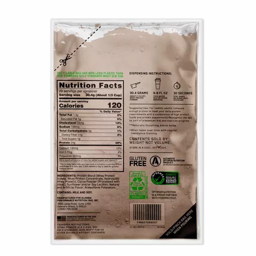 Optimum Nutrition GOLD STANDARD 100% WHEY™ Recyclable Refill Bag Double Rich Chocolate 2 lb (29 Servings) | NY4291876