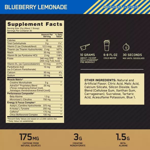 Optimum Nutrition GOLD STANDARD® Pre-Workout Blueberry Lemonade 0.66 lb (30 Servings) | AB6172309