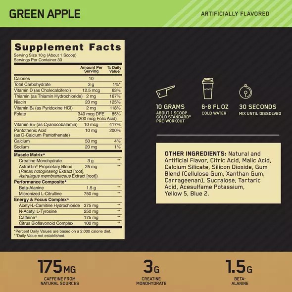 Optimum Nutrition GOLD STANDARD® Pre-Workout Green Apple 0.66 lb (30 Servings) | XB4953687