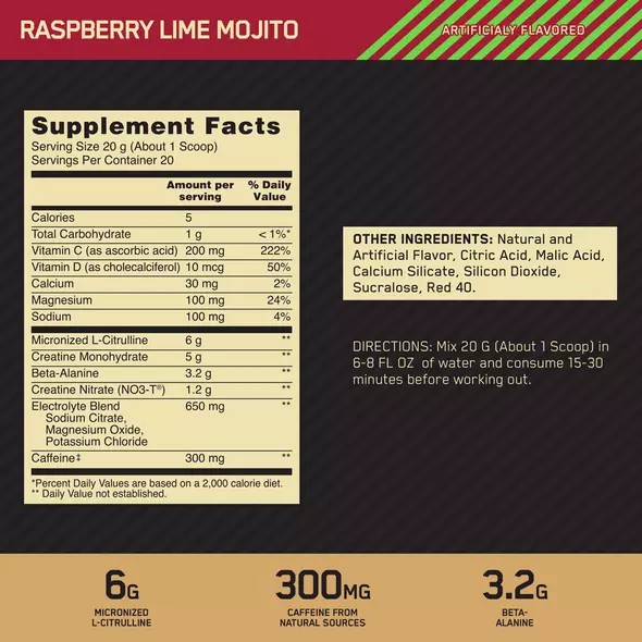 Optimum Nutrition GOLD STANDARD® Pre Advanced Raspberry Lime Mojito 0.88 lb (20 Servings) | SE3478051