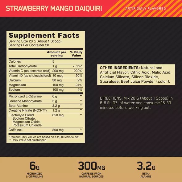 Optimum Nutrition GOLD STANDARD® Pre Advanced Strawberry Mango Daiquiri 0.88 lb (20 Servings) | YQ4718503