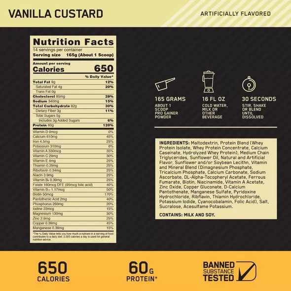 Optimum Nutrition GOLD STANDARD® Pro Gainer Vanilla Custard 5.09 lb (14 Servings) | VT1906582