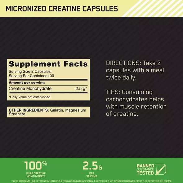 Optimum Nutrition Micronized Creatine Capsules 200 Capsules (100 Servings) | QJ1374208