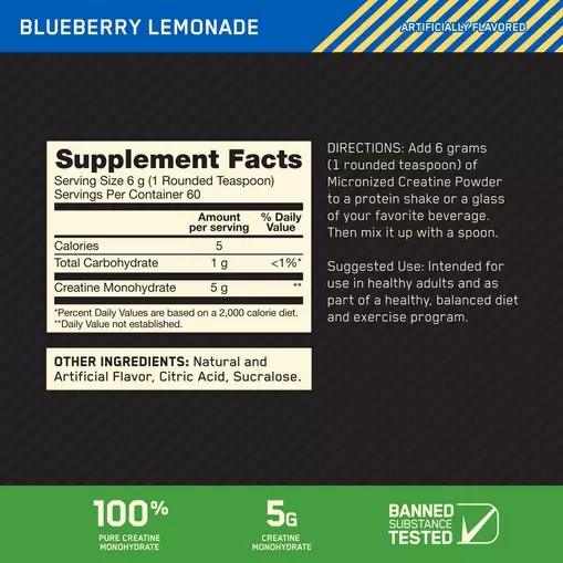 Optimum Nutrition Micronized Creatine Powder Blueberry Lemonade 0.79 lb (60 Servings) | QP1435906