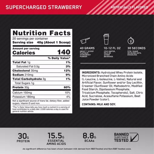 Optimum Nutrition PLATINUM HYDROWHEY™ Supercharged Strawberry 1.76 lb (20 Servings) | KB7308512