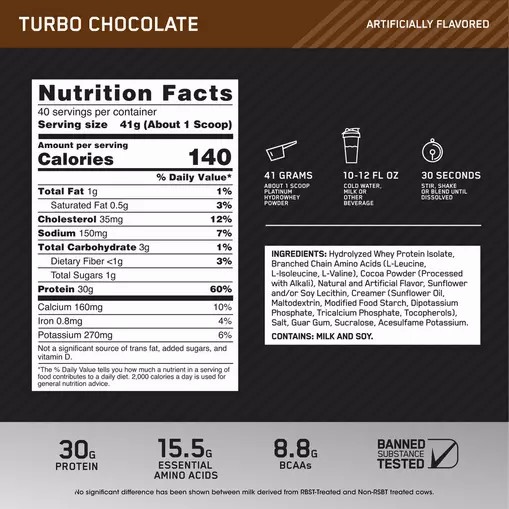 Optimum Nutrition PLATINUM HYDROWHEY™ Turbo Chocolate 3.61 lb (40 Servings) | FE2079534