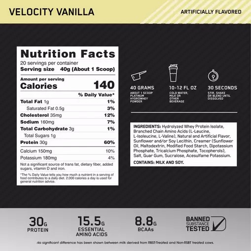 Optimum Nutrition PLATINUM HYDROWHEY™ Velocity Vanilla 1.76 lb (20 Servings) | UG5781623