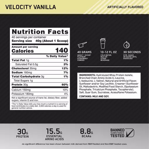 Optimum Nutrition PLATINUM HYDROWHEY™ Velocity Vanilla 3.52 lb (40 Servings) | BZ7389426