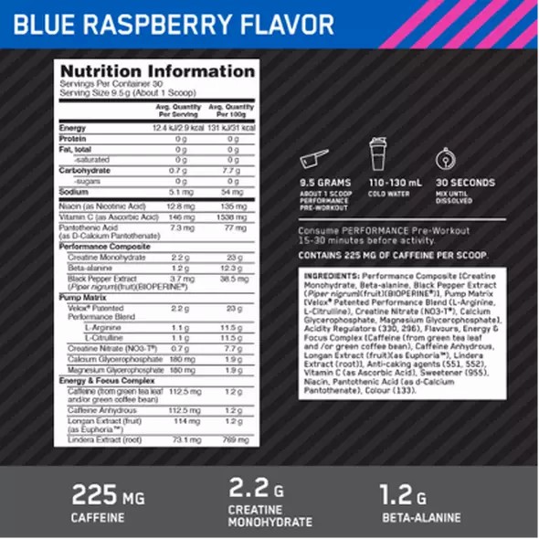 Optimum Nutrition Performance Pre-Workout Blue Raspberry 285g | XR5970123