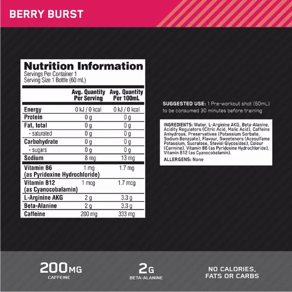 Optimum Nutrition Pure Pre 200 Pre-Workout Shot Berry 60ml (12 shots) | GE1428369