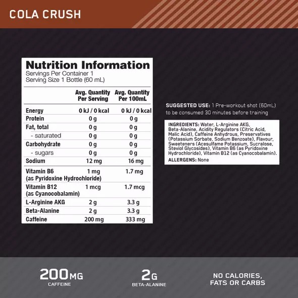 Optimum Nutrition Pure Pre 200 Pre-Workout Shot Cola 60ml (12 shots) | ID7534021