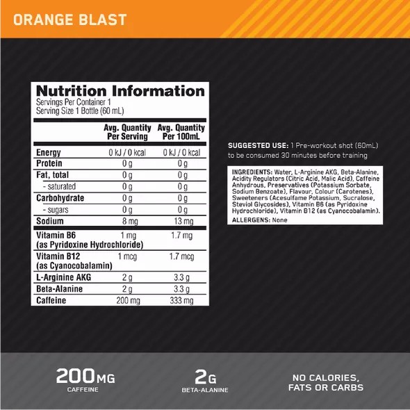 Optimum Nutrition Pure Pre 200 Pre-Workout Shot Orange 60ml (12 shots) | QJ7346280