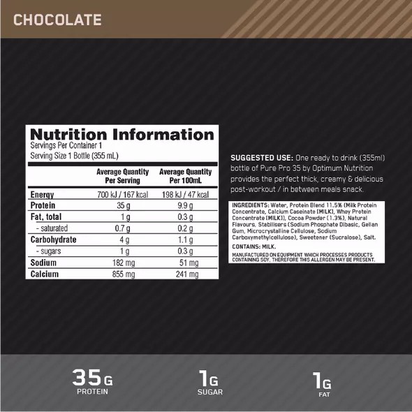 Optimum Nutrition Pure Pro 35 Chocolate 355ml (6 bottles) | GR2560837