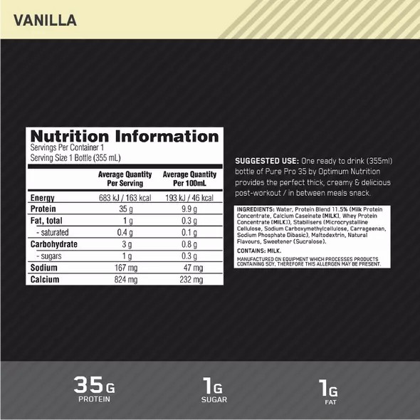 Optimum Nutrition Pure Pro 35 Vanilla 355ml (6 bottles) | BM6028971