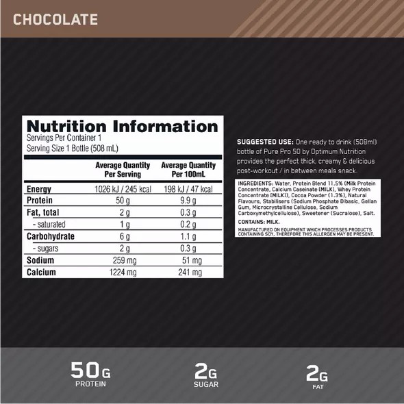 Optimum Nutrition Pure Pro 50 Chocolate 508ml (12 bottles) | ZJ2483091