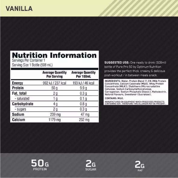 Optimum Nutrition Pure Pro 50 Vanilla 508ml (12 bottles) | GH5630124